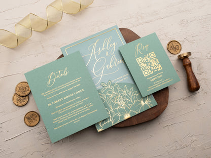 Sage Green and Gold Floral Acrylic Wedding Invitation