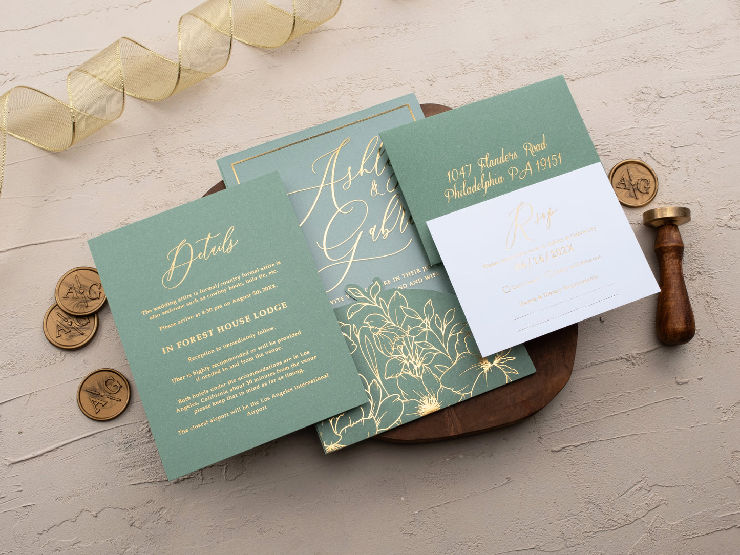 Sage Green and Gold Floral Acrylic Wedding Invitation