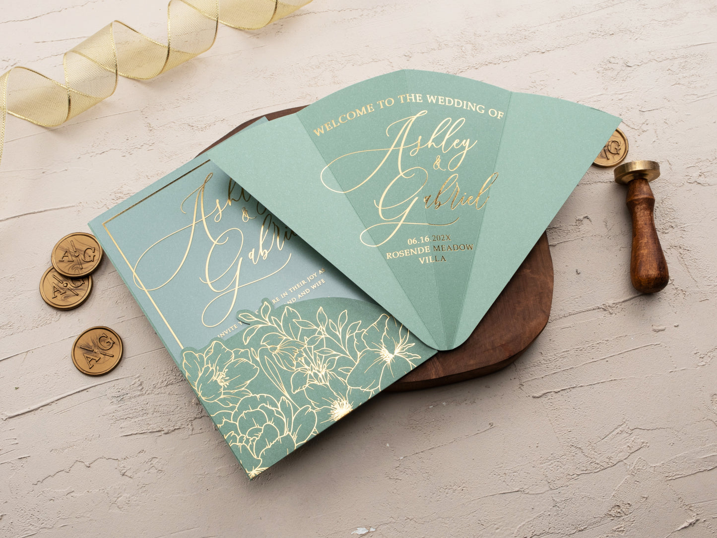 Sage Green and Gold Floral Acrylic Wedding Invitation