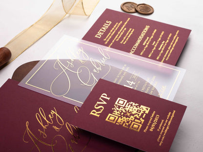 Acrylic Invitation with Gold Foil Print and Burgundy Sleeve Envelope