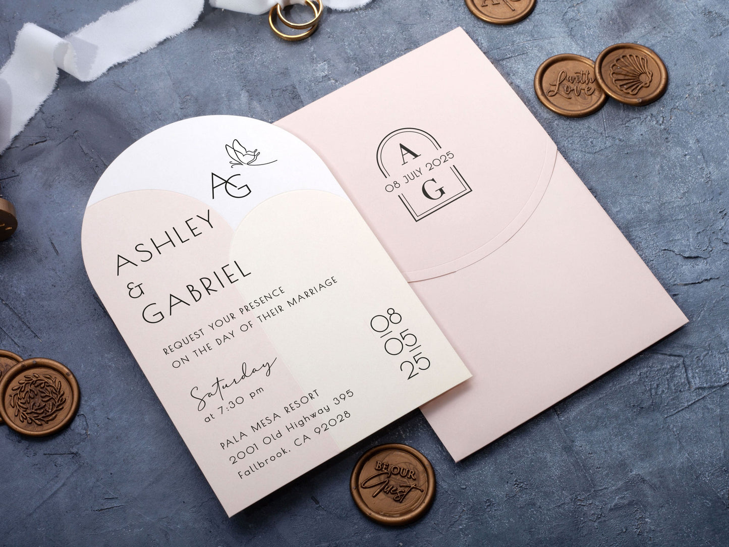 Simple Arch Wedding Invitation with Pink Envelope