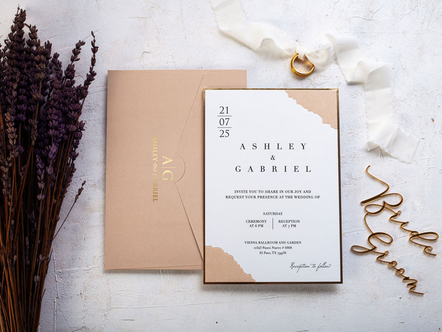 Stylish Beige Wedding Invitation with Gold Details