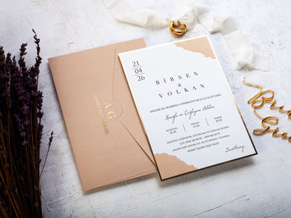 Stylish Beige Wedding Invitation with Gold Details