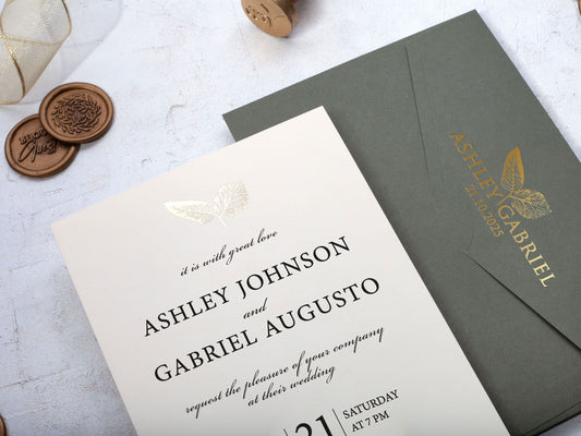 Stylish Wedding Invitation with Gold Leaves