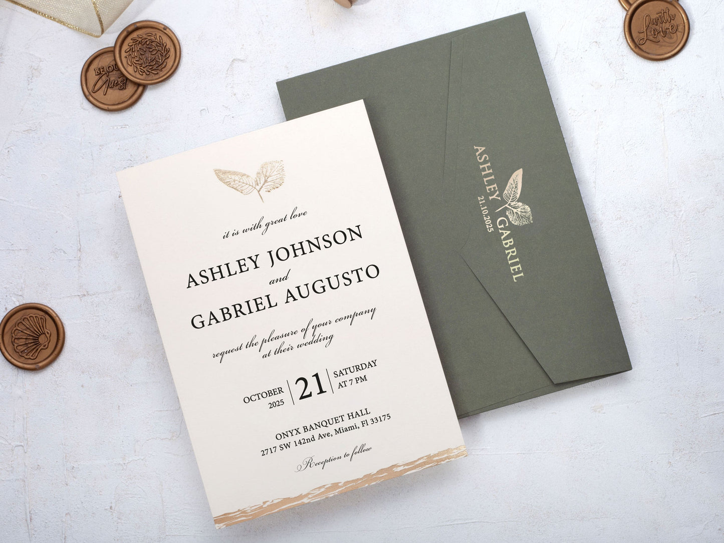 Stylish Wedding Invitation with Gold Leaves