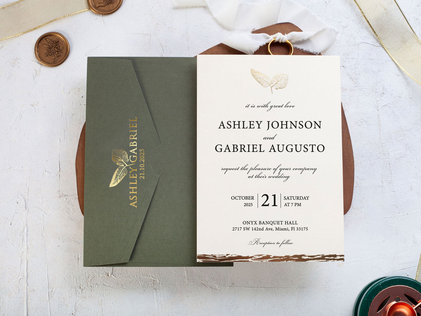 Stylish Wedding Invitation with Gold Leaves