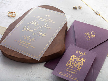 Elegant Gold Foil Printed Acrylic Wedding Invitation with Purple Envelope