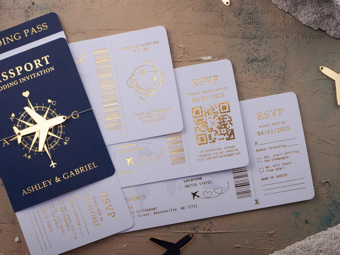 Navy Blue and Gold Foil Boarding Pass Wedding Invitation