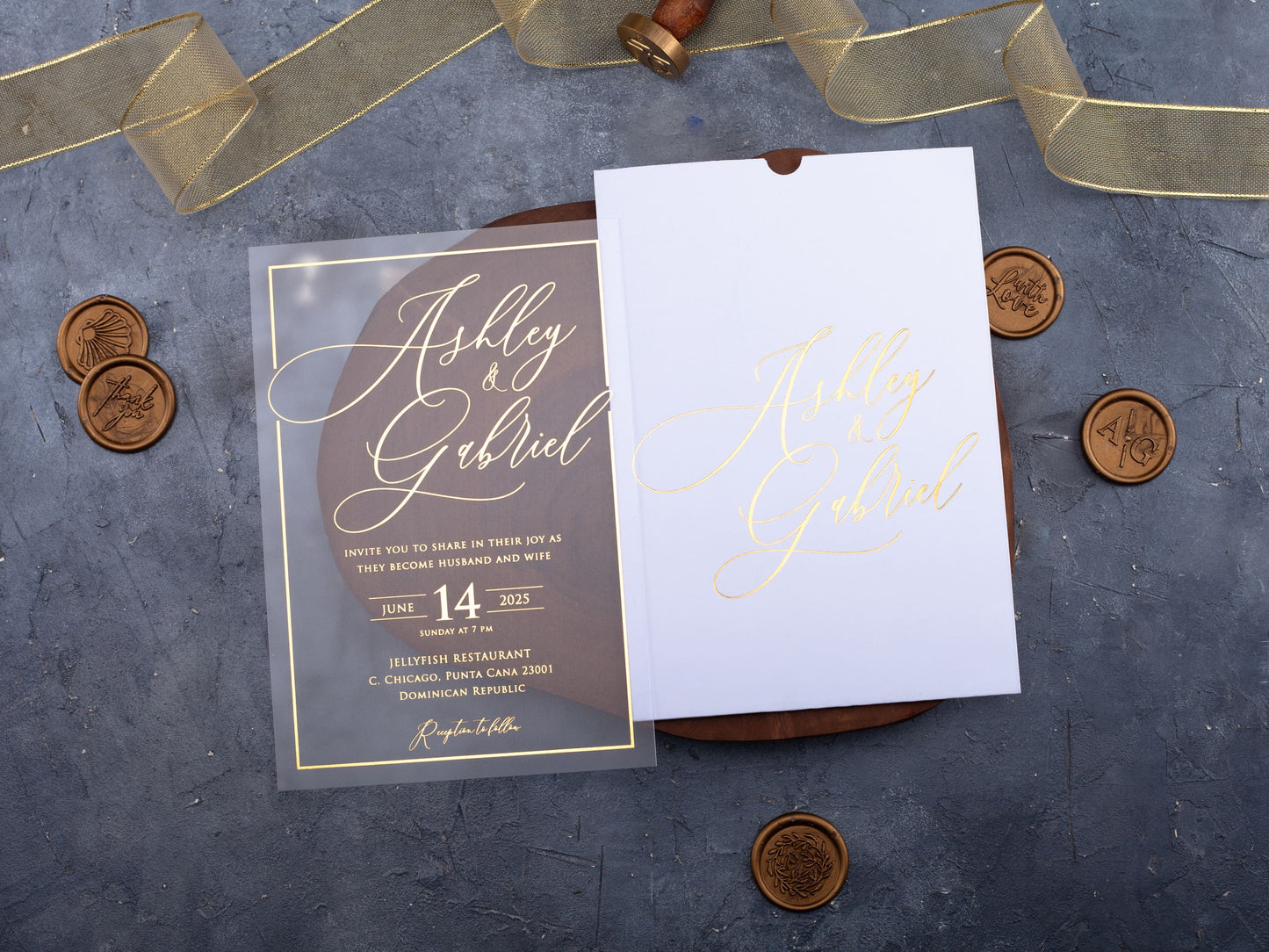 White and Gold Acrylic Wedding Invitation