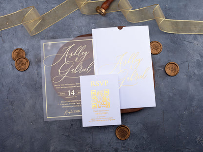 White and Gold Acrylic Wedding Invitation