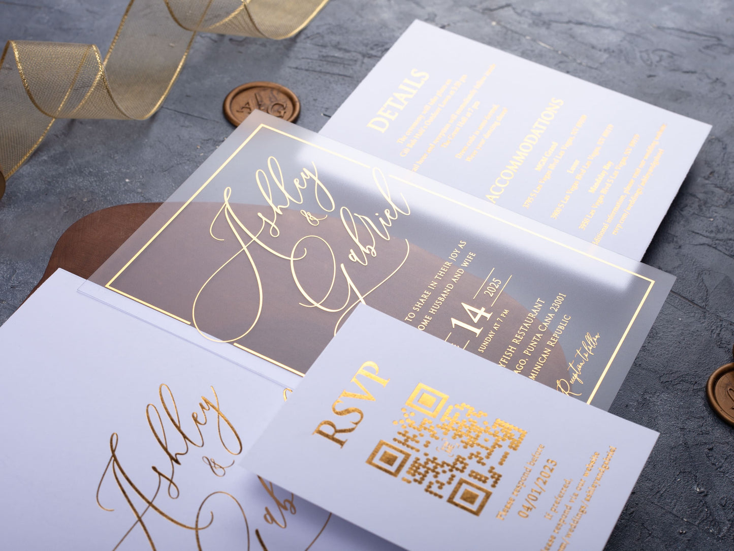 White and Gold Acrylic Wedding Invitation