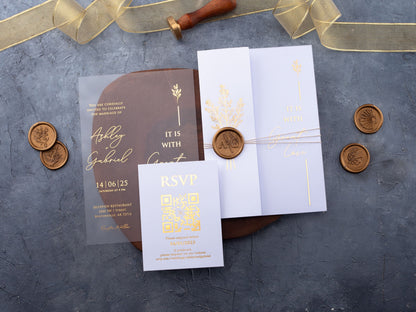 White and Gold Acrylic Wedding Invitation with White Folded Jacket