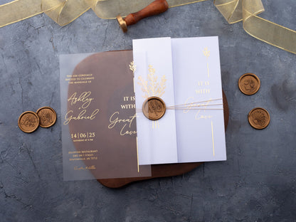 White and Gold Acrylic Wedding Invitation with White Folded Jacket