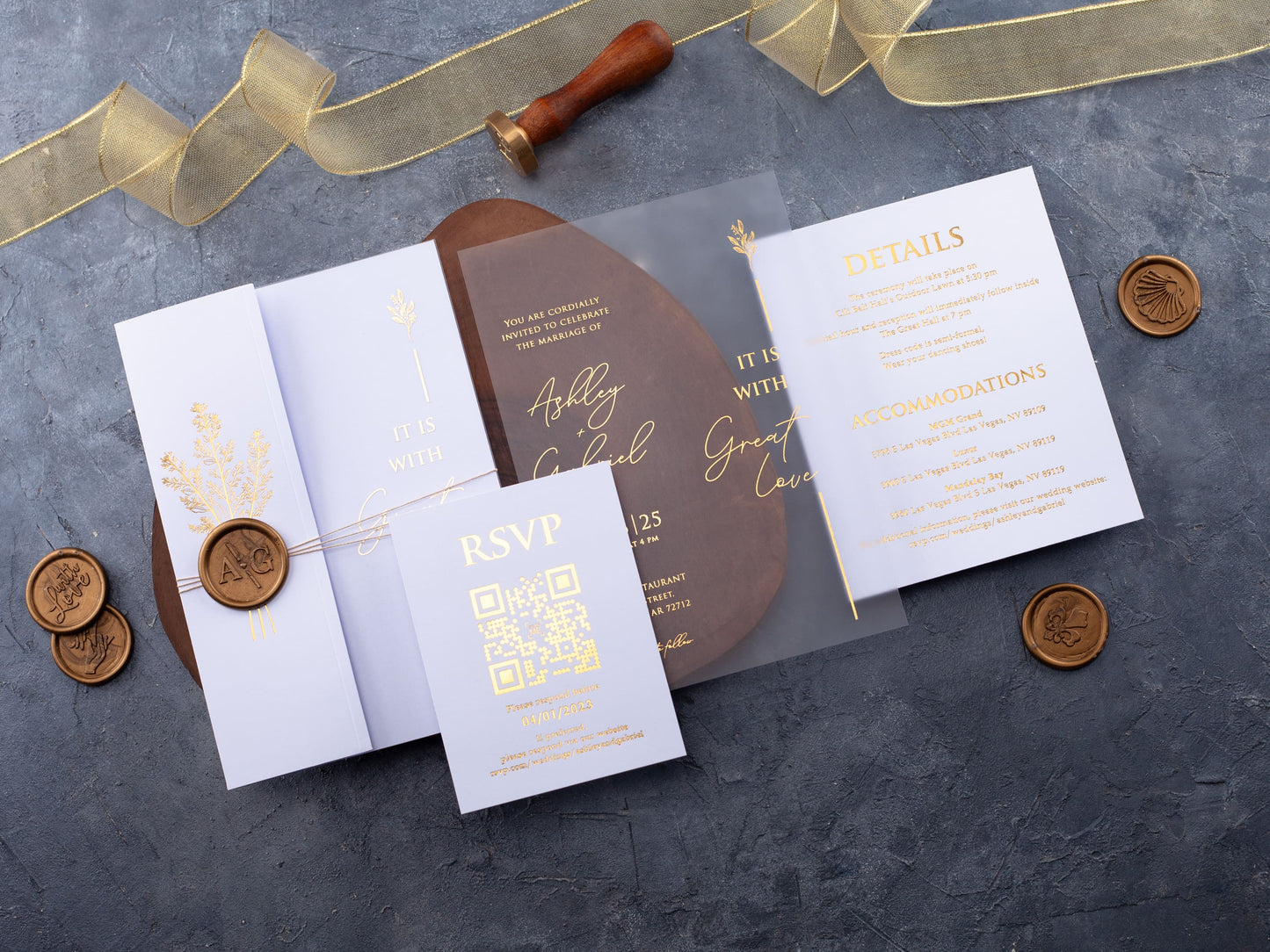 White and Gold Acrylic Wedding Invitation with White Folded Jacket