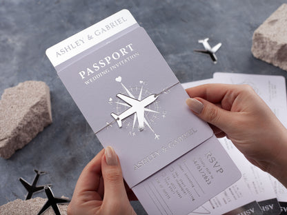 White Boarding Pass Wedding Invitation with Silver Foil